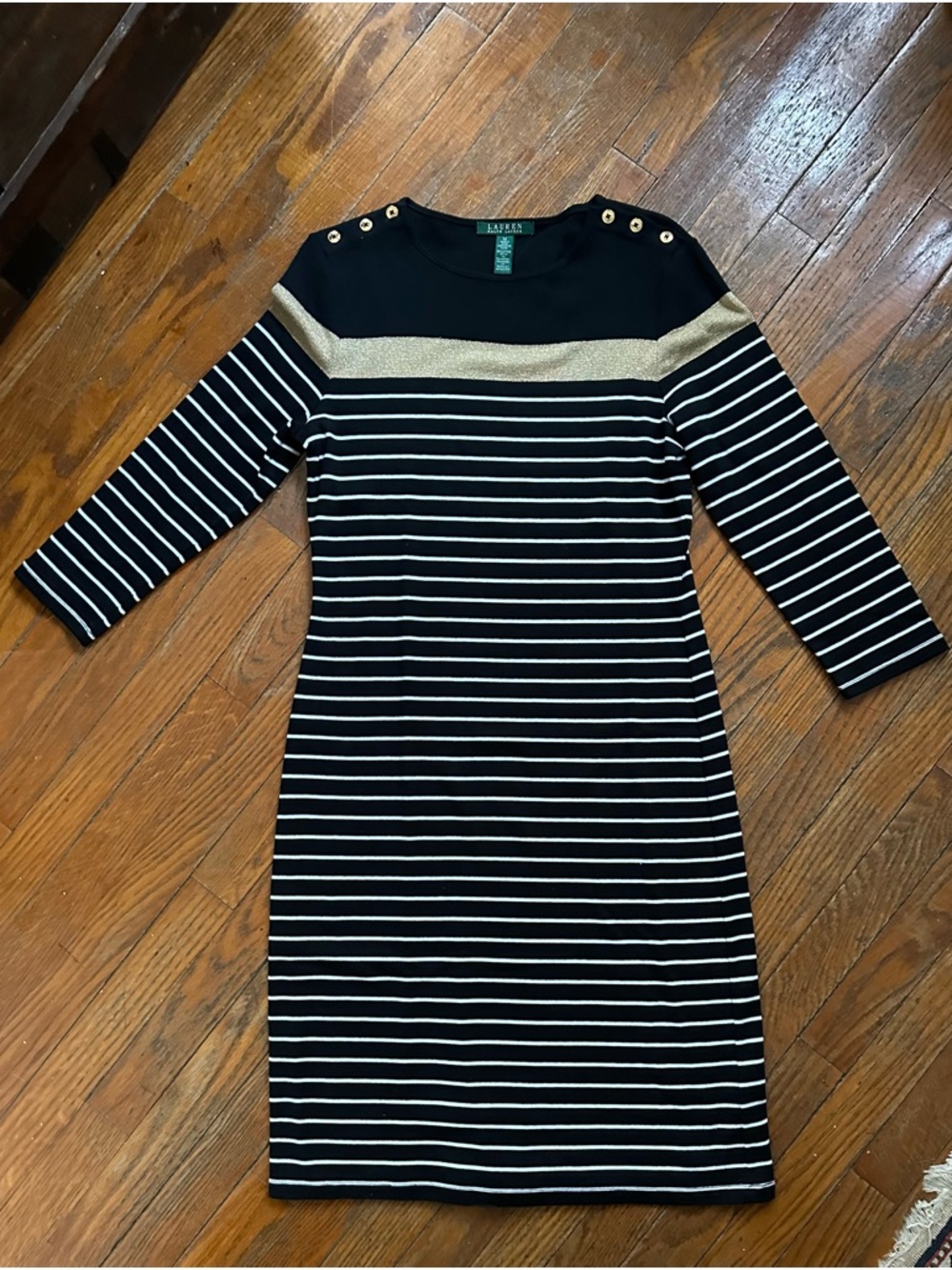 Ralph Lauren Black and White Striped Midi Dress with Gold Shoulder Band